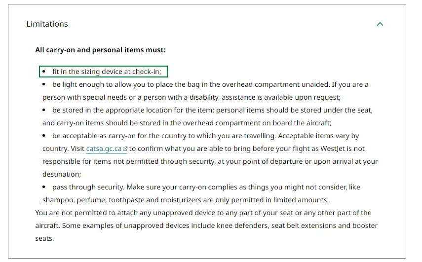 ¿Qué tan estricto es el tamaño del equipaje de mano de WestJet? 2024