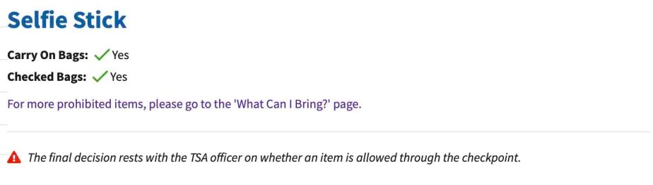 ¿Puedo llevar un palo para selfies en un avión? reglas de la TSA