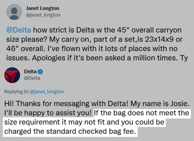 ¿Qué tan estricto es Delta con respecto al tamaño del equipaje de mano para 2024?