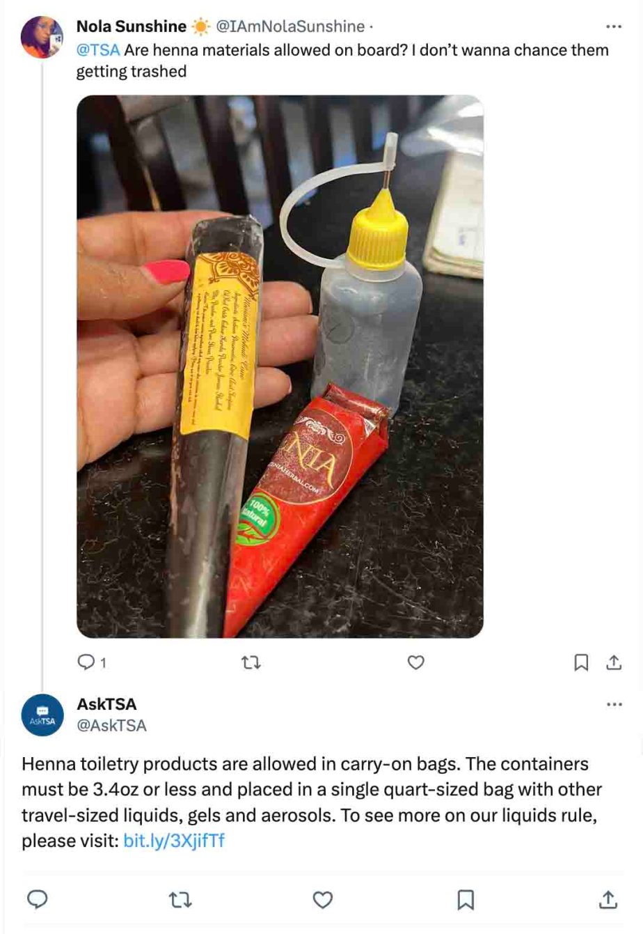 ¿Puedes llevar henna en un avión? reglas de la TSA